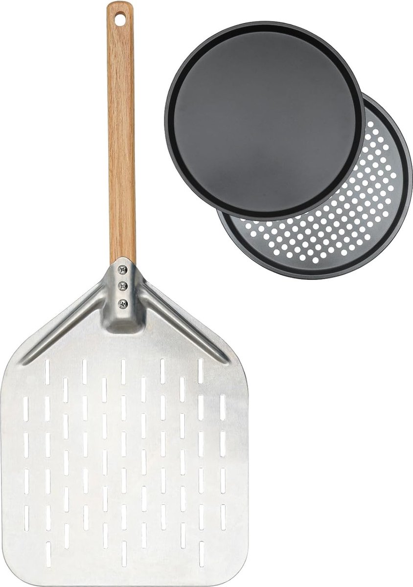 Geperforeerde pizzaschuiver + pizzaplaat 3-delige set 30 5 cm aluminium pizzaschep met afneembaar houten handvat roestvrij staal ronde pizzavorm pizzabakplaat voor het bakken in de oven