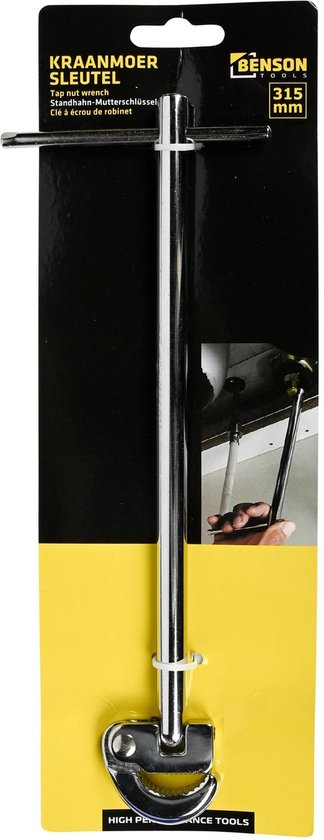 Verstelbare kraanmoersleutel van 315 mm, met T-greep en gebogen bek. Verpakt op geel/zwart karton.