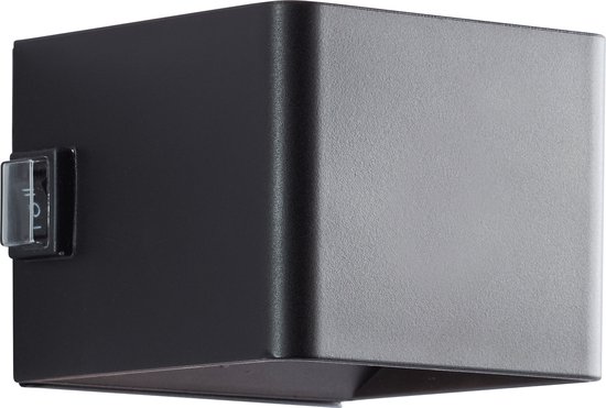 Zwarte vierkante wandlamp met aan/uit schakelaar en open voorzijde.