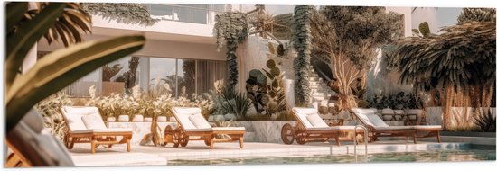 Acrylglas - Hotel - Zwembad - Luxe - Lounge - Tropisch - Planten - 120x40 cm Foto op Acrylglas (Met Ophangsysteem)