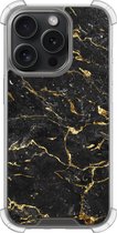 Shockproof hoesje - Geschikt voor iPhone 15 Pro - Marmer zwart goud - Extra sterke case - TPU/polycarbonaat - Marmer - Goud, Transparant