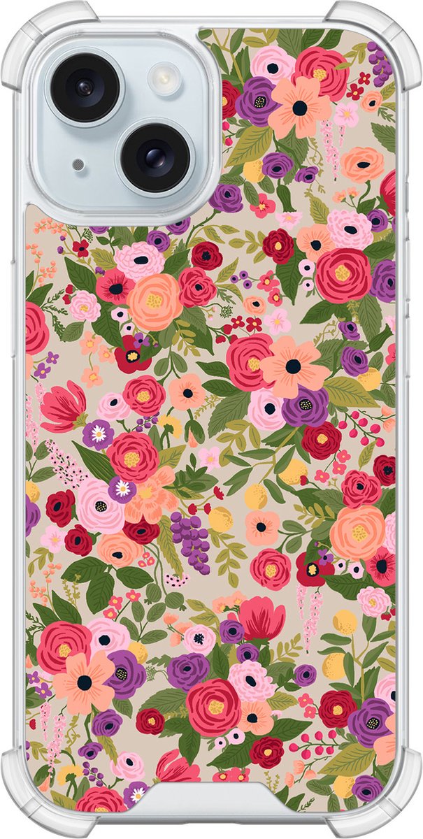 Shockproof hoesje - Geschikt voor iPhone 15 - Floral garden - Extra sterke case - TPU/polycarbonaat - Bloemen - Multi, Transparant