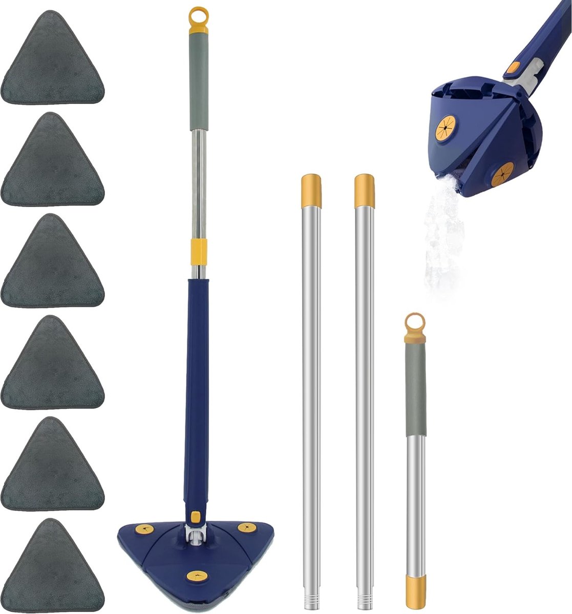 Goedkoopste 360° draaibare verstelbare reinigingsmop, driehoekse mop met wringfunctie, driehoekige telescopische spin mopset met 6 vervangende koppen voor vloer, plafond, muur, raam, nat en droog (blauw