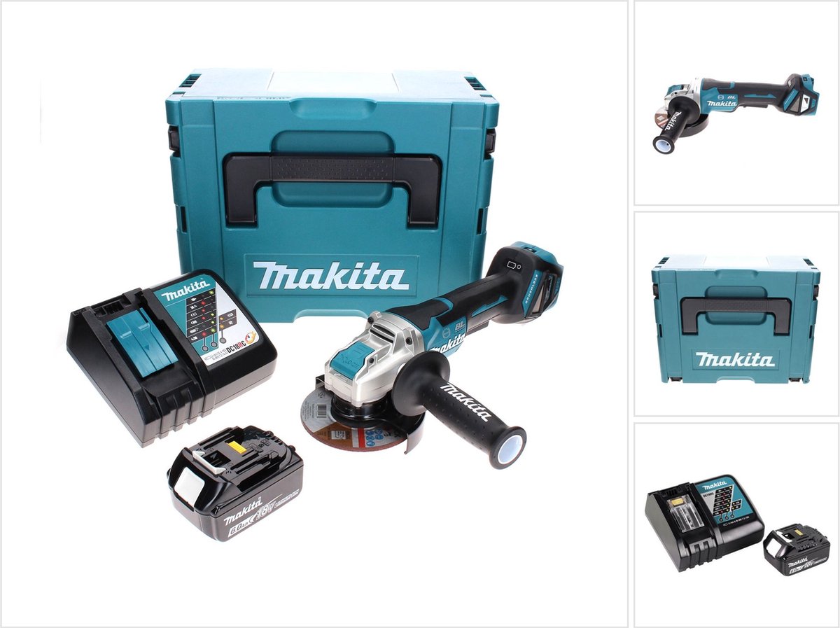 Makita DGA 519 RG1J Snoerloze haakse slijper 18 V 125 mm Brushless X-Lock + 1x oplaadbare accu 6.0 Ah + lader + Makpac