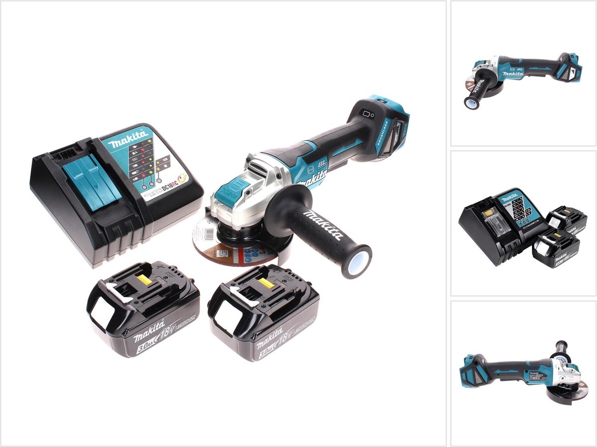Makita DGA 519 RF accu haakse slijper 18 V 125 mm Brushless X-Lock + 2x accu 3.0 Ah + lader