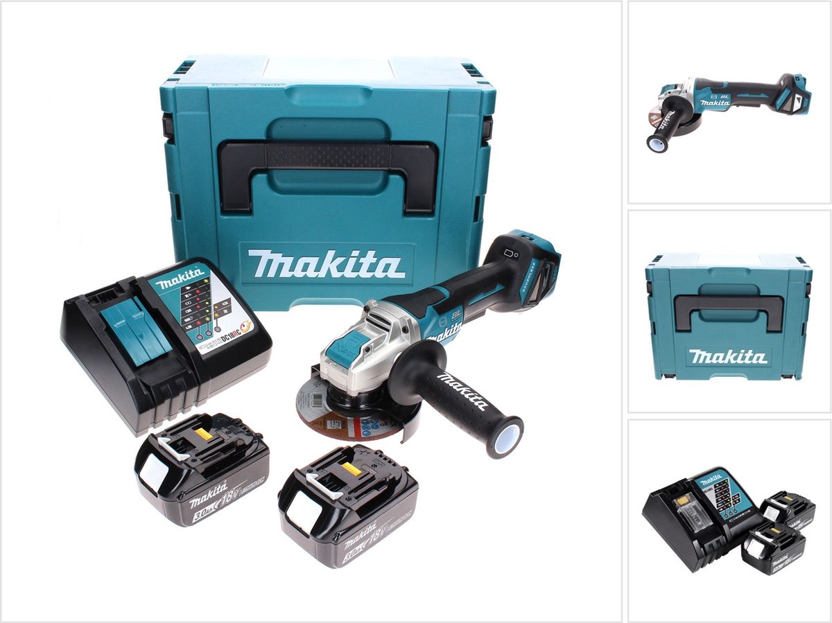 Makita DGA 519 RFJ accu haakse slijper 18 V 125 mm Brushless X-Lock + 2x accu 3.0 Ah + lader + Makpac