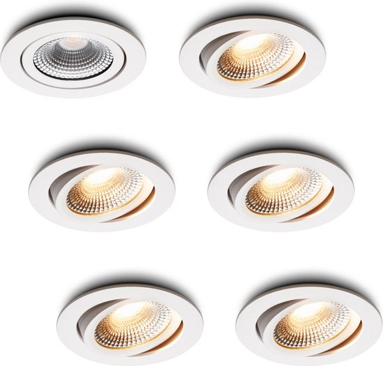 Ledisons LED-inbouwspot Vivaro set 6 stuks wit dimbaar - Ø85 mm - 5 jaar garantie - 2700K (extra warm-wit) - 450 lumen - 5 Watt - IP54