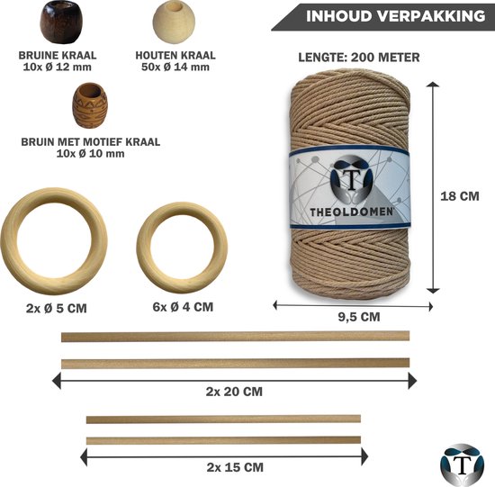 Macramé Pakket | 200 METER | Incl. Handleiding | Lichtbruin | Starter Set | Ringen | Kralen |Stokken | Macramé Touw | 3mm | 100% Katoen | Macramé | Decoratie | DIY | Doe Het Zelf | Wandkleed | Dromenvanger | Plantenhanger | Tassen | TheOldOmen |