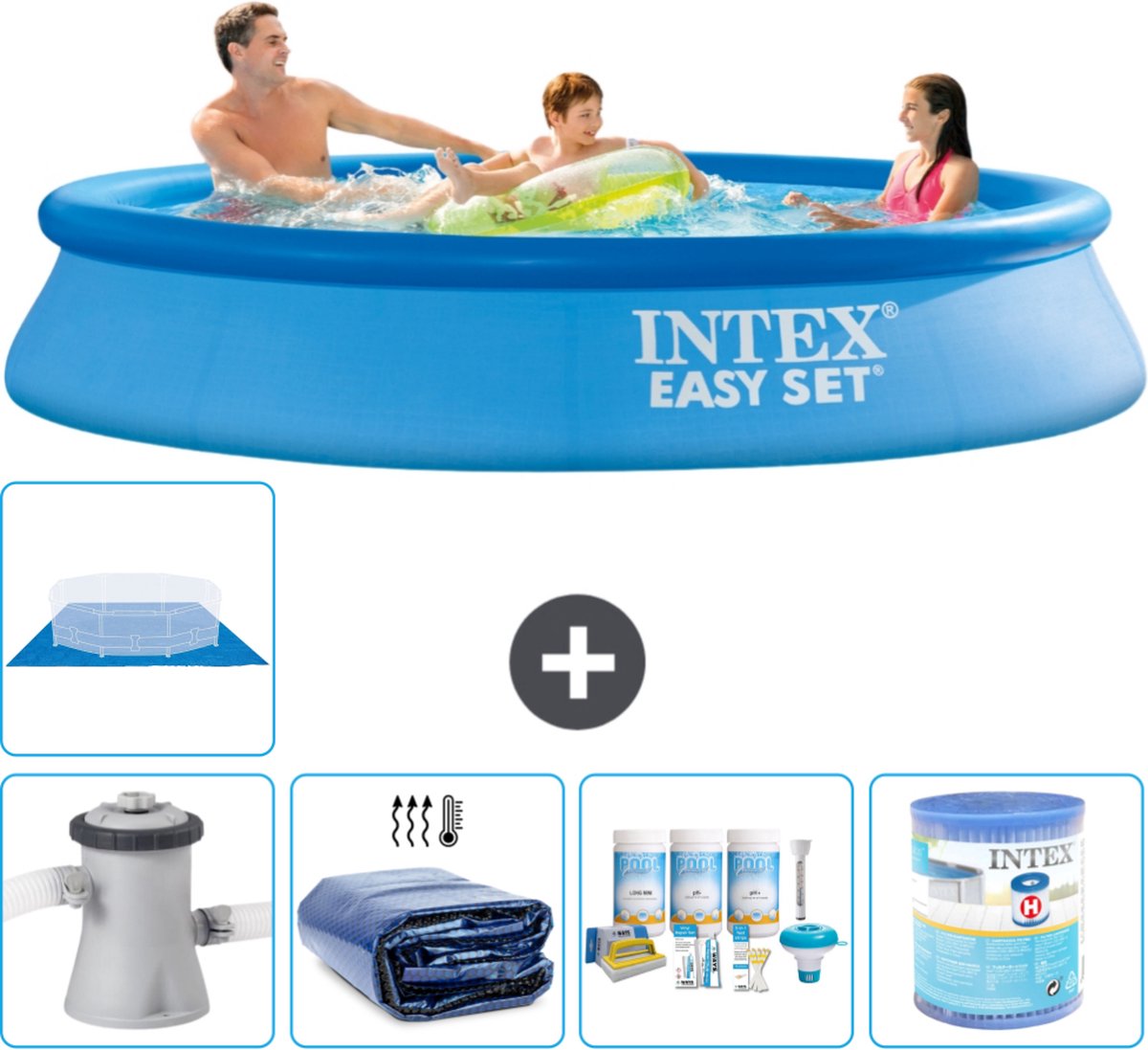 Intex Rond Opblaasbaar Easy Set Zwembad - 305 x 61 cm - Blauw - Inclusief Pomp - Solarzeil - Onderhoudspakket - Filter - Grondzeil - Stofzuiger - 7-delig