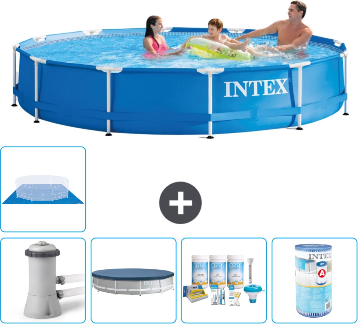 Intex Rond Frame Zwembad - 366 x 76 cm - Blauw - Inclusief Pomp Afdekzeil - Onderhoudspakket - Filter - Grondzeil - Stofzuiger