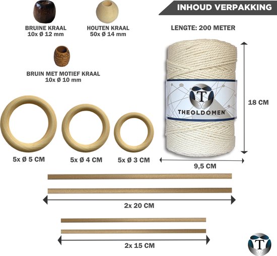 XXL Macramé Pakket | 400 METER | Incl. Handleiding | Beige | Starter Set | Ringen | Kralen | Stokken | Macramé Touw | 3mm | 100% Katoen | Macramé | Decoratie | DIY | Doe Het Zelf | Wandkleed | Dromenvanger | Plantenhanger | Tassen | TheOldOmen