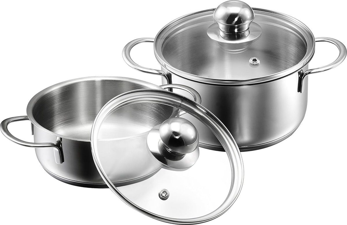 Mini Steelpannenset 2-delig met glazen deksels Geschikt voor inductiekookplaten roestvrij staal