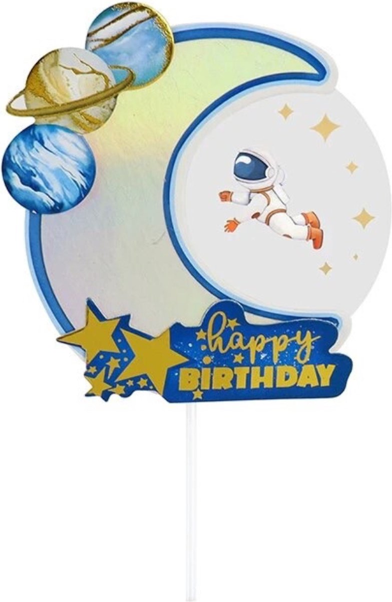 Ruimte Taart Topper - Happy Birthday - Astronaut - Blauw - Sterren - Maan - Taart Versiering - Verjaardag Versiering - Taart Decoratie - Kinderfeestje - Toppers - Taarttopper - Cake Topper - Voor Jongens en Meisjes