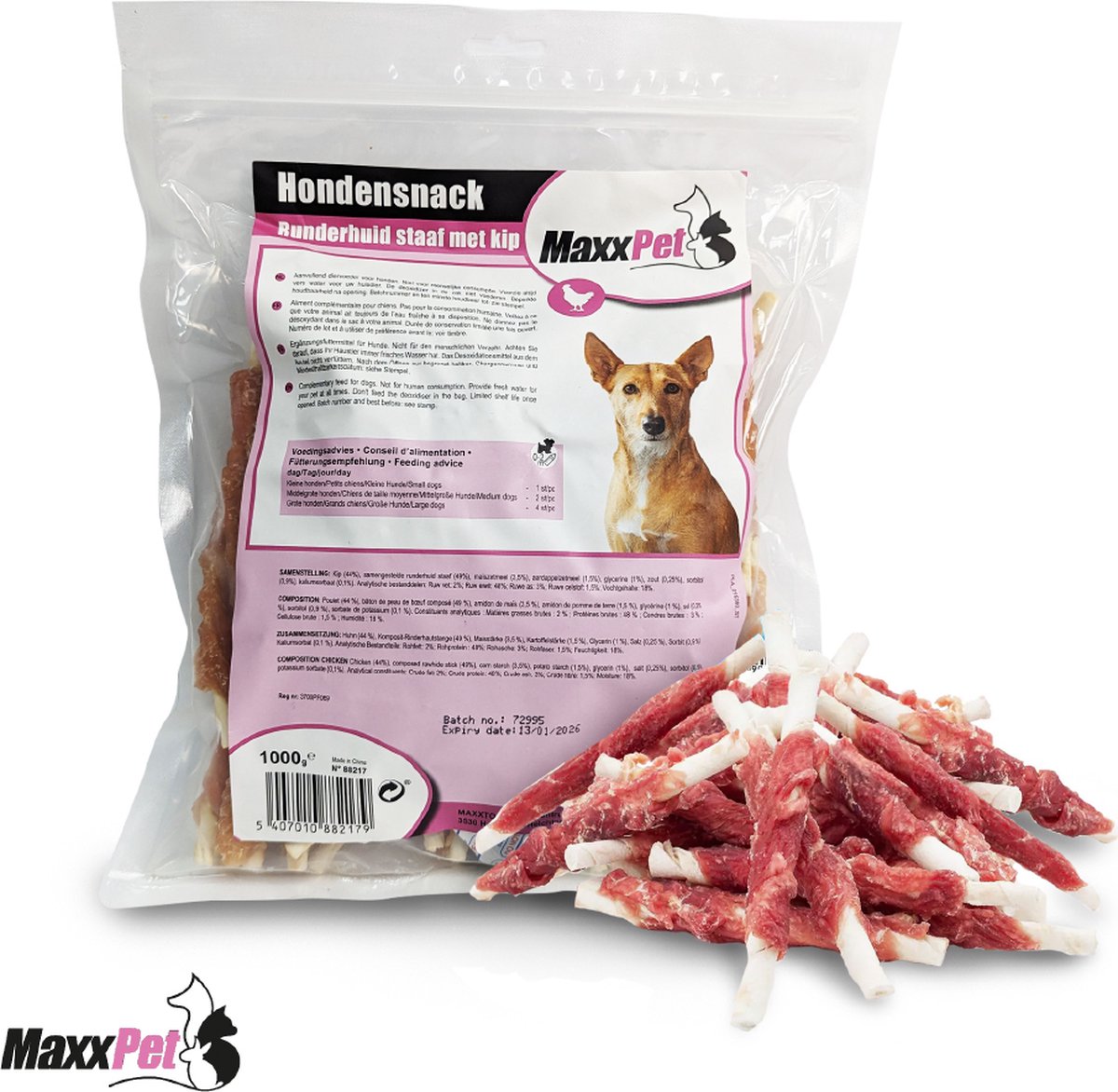 MaxxPet Hondensnacks Kip - Rawhide Kippen Sticks - Kippensnack voor hond - Runderhuid met kip - 13 cm - 2000 gram