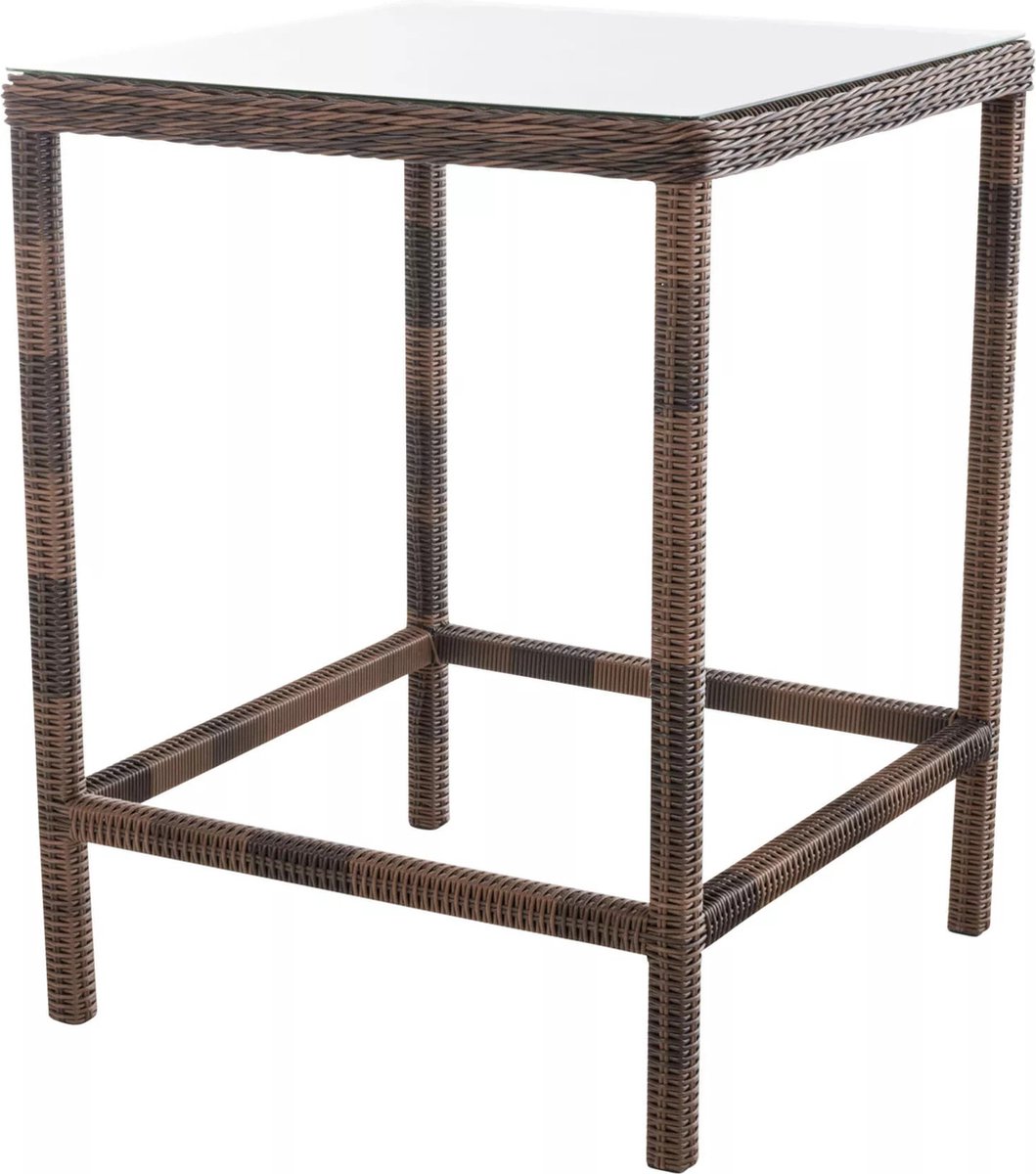Kunststof bruine tuintafel met glazen tafelblad - 84 x 84 x 110,5 cm.