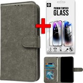 Casemania Hoesje Geschikt voor Samsung Galaxy A15 - Grijs & Glazen Screenprotector - Luxe Portemonnee Book Case