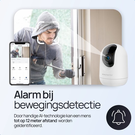 Witte camera met alarm bij bewegingsdetectie. Man met koevoet bij de deur, gedetecteerd door AI.