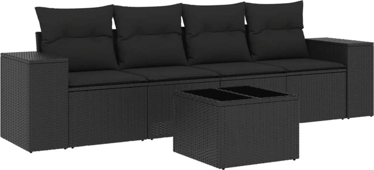 vidaXL 5-delige - Loungeset - met - kussens - poly - rattan - zwart