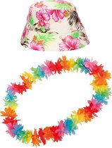 Tropische Hawaii party verkleedset - bucket hoedje wit - bloemenslinger multi kleuren mix - volwassenen - summer - beach vibes - tropical