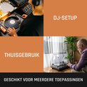 Een DJ-setup en een man die thuis luistert naar muziek met een platenspeler.