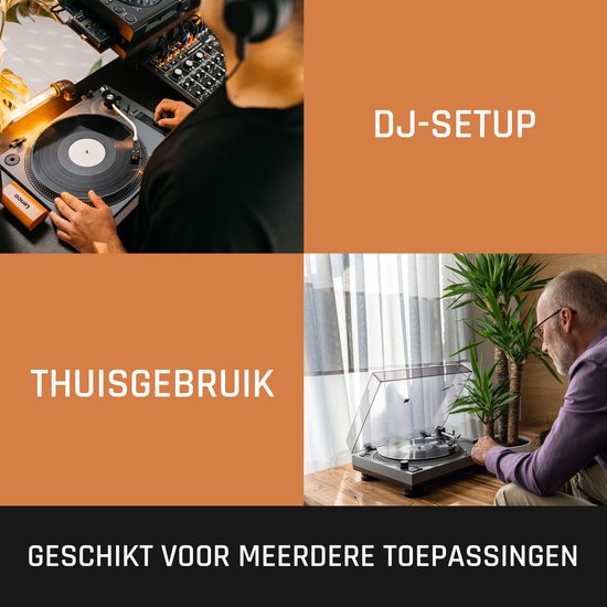 Een DJ-setup en een man die thuis luistert naar muziek met een platenspeler.