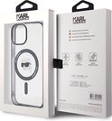 Emballage avec coque rigide transparente Karl Lagerfeld logo tête, compatible MagSafe.