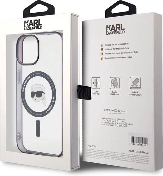 Emballage avec coque rigide transparente Karl Lagerfeld logo tête, compatible MagSafe.