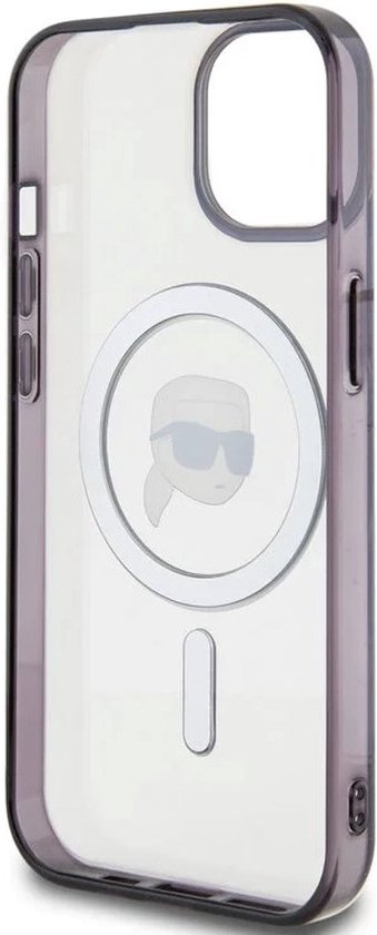 Coque rigide transparente avec logo tête de Karl Lagerfeld, compatible MagSafe.
