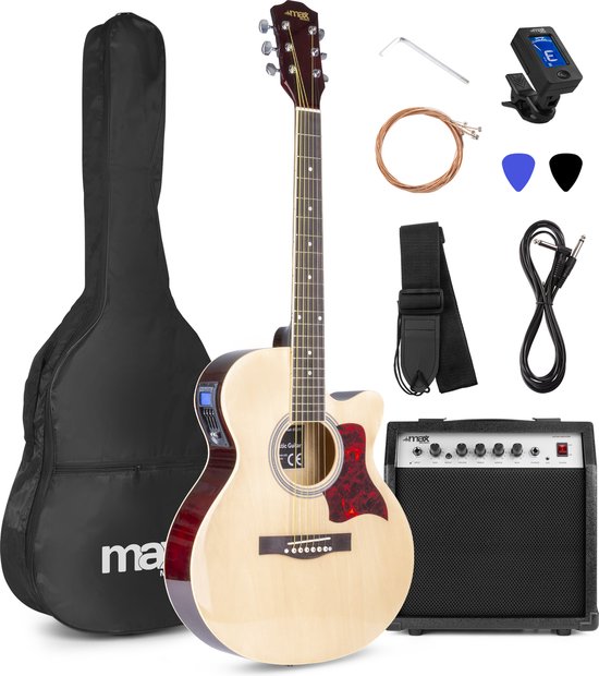 Elektrisch akoestische gitaar - MAX ShowKit gitaarset met 40W gitaar versterker, gitaar stemapparaat, gitaartas en plectrum - Naturel (hout)