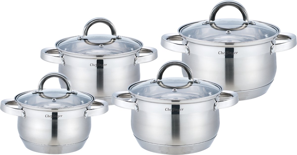 Cheffinger Pannenset - 8-delig - Zilver - RVS - Kookpannen - Inductie