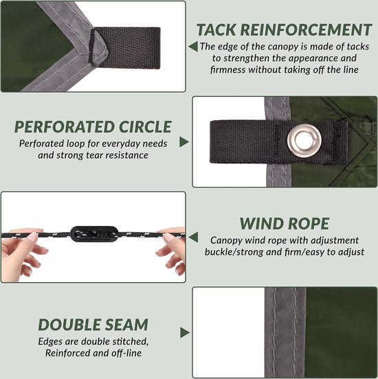 RYACO Tarp Waterdicht tentzeil, 3 x 5 m, ultralicht met ogen 6 haringen 6 touwen, anti-uv, sneeuw, regenbescherming, licht, compact, voor hangmat, camping, wandelen, picknick, reizen
