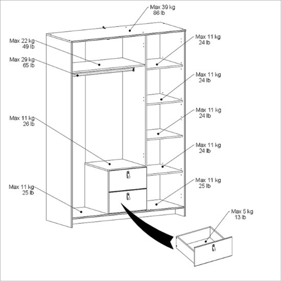 Kledingkast Minty 137cm, 3 deuren & 2 lades - zwart