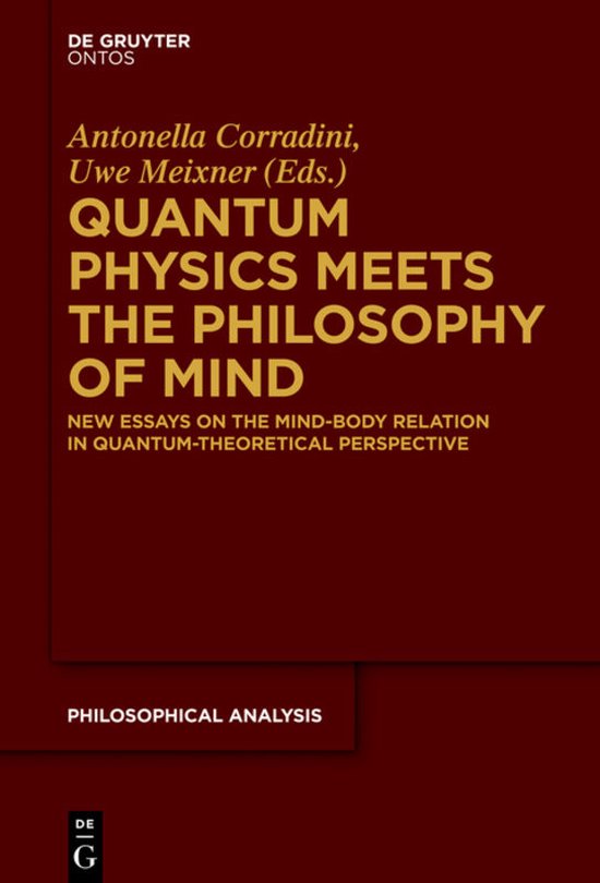 Livre 'Quantum Physics Meets the Philosophy of Mind' avec couverture rouge et texte jaune. Couverture avec titre, auteurs et éditeur De Gruyter.