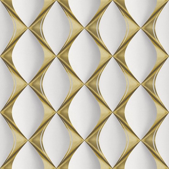 3D behang Profhome 386911-GU vliesbehang hardvinyl warmdruk in reliëf licht gestructureerd met geometrische vormen glimmend crème goud wit 5,33 m2