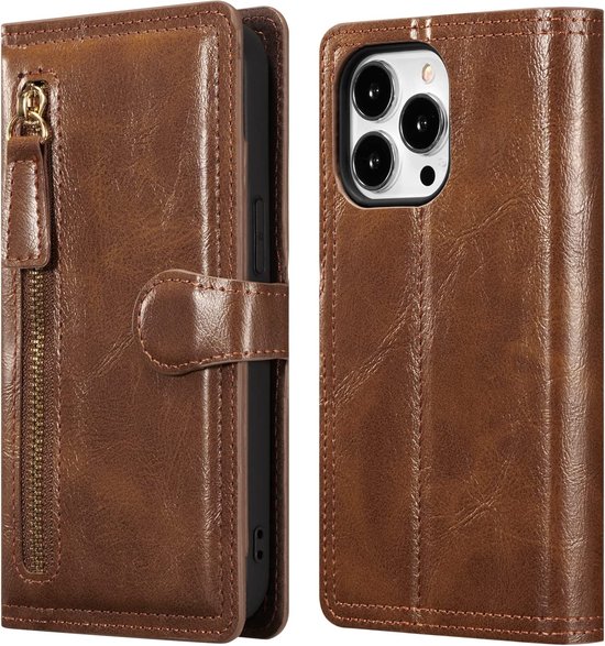 Bookcase Adapté pour : iPhone 15 Pro Max avec fermeture éclair - Étui à rabat - Magnétique - Porte-cartes 5 - Marron foncé