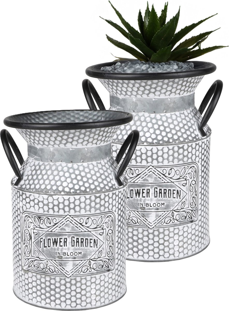 Goedkoopste Sunnydays Melkbus/plantenpot/bloempot - 2x - zink - zilver - D18 x H26 cm