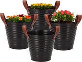 DK Design Plantenpot/bloempot emmer Leather- 4x - zink - zwart - D16 x H15 cm
