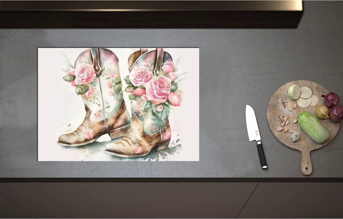 Inductieplaat Beschermer - Acryl Tekening van Cowboy Boots Versierd met Bloemen - 71x50 cm - 2 mm Dik - Inductie Beschermer - Bescherming Inductiekookplaat - Kookplaat Beschermer van Zwart Vinyl