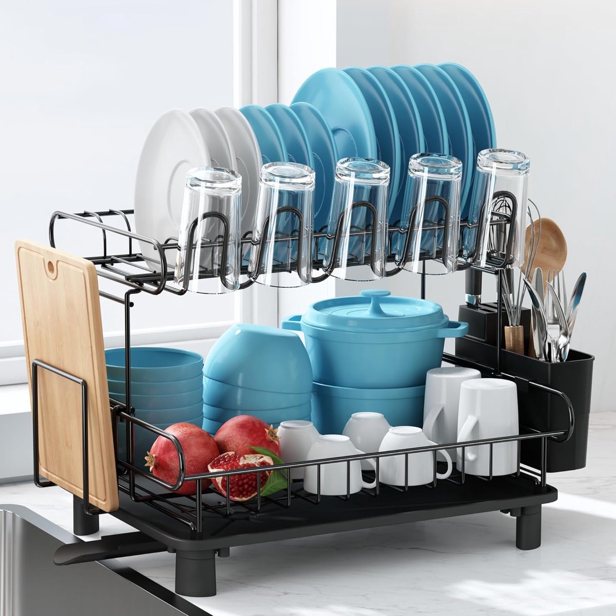 Goedkoopste Afdruiprek en afdruiprek set, 304 roestvrij staal, groot, 2 etages, afdruiprek met auto-afdruipbak, snijplankhouder en afdruipmat voor aanrecht, zwart