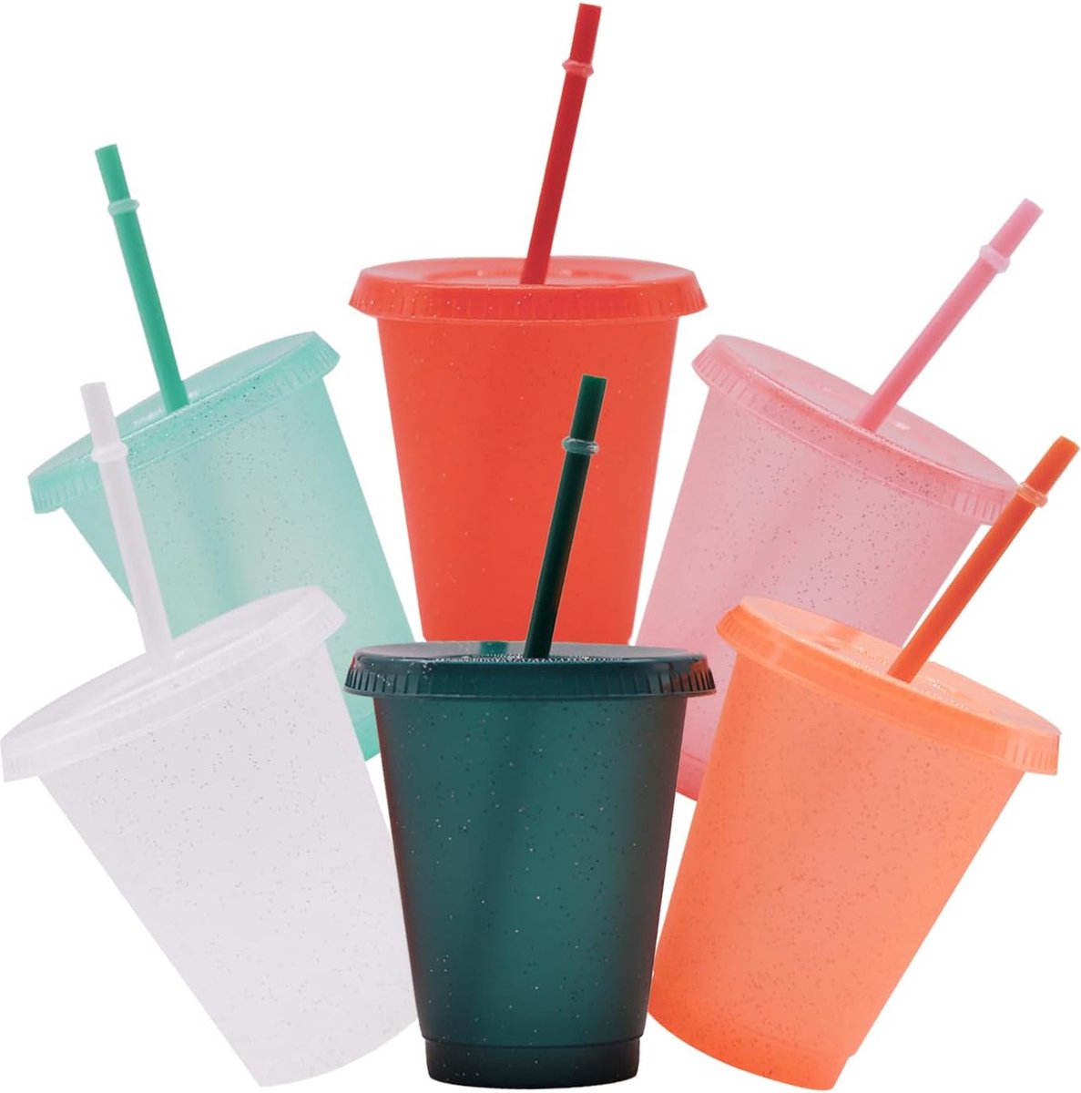 Goedkoopste 6 stuks kleurrijke plastic bekers, drinkbekers met deksel en rietje, herbruikbare kunststof bekers, mok, ideaal voor kamperen, feesten, bruiloften, 500 ml (6 kleuren