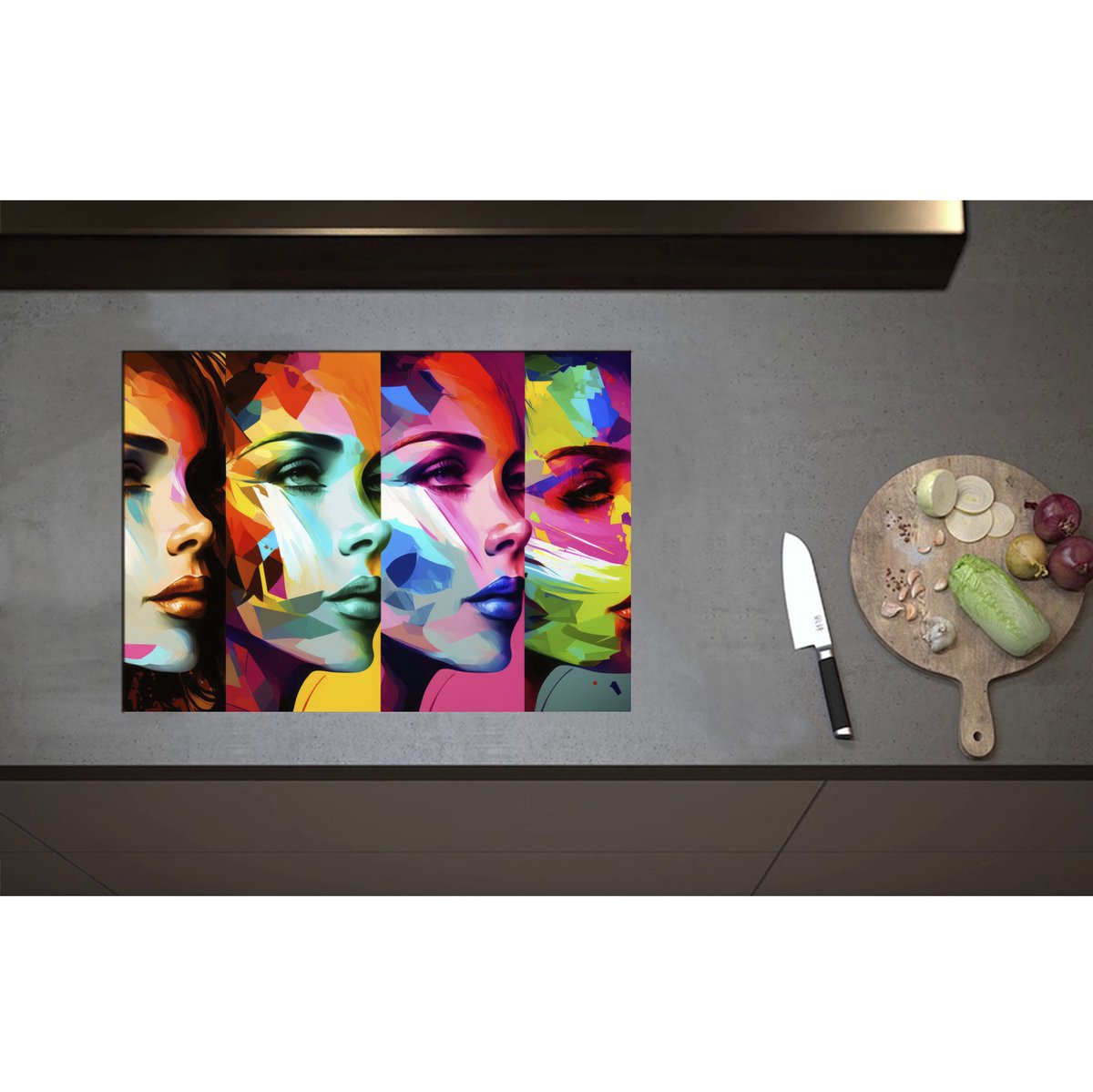 Inductieplaat Beschermer - Artistieke Collage van Zijaanzichten van Kleurrijke Vrouwen - 70x50 cm - 2 mm Dik - Inductie Beschermer - Bescherming Inductiekookplaat - Kookplaat Beschermer van Wit Vinyl