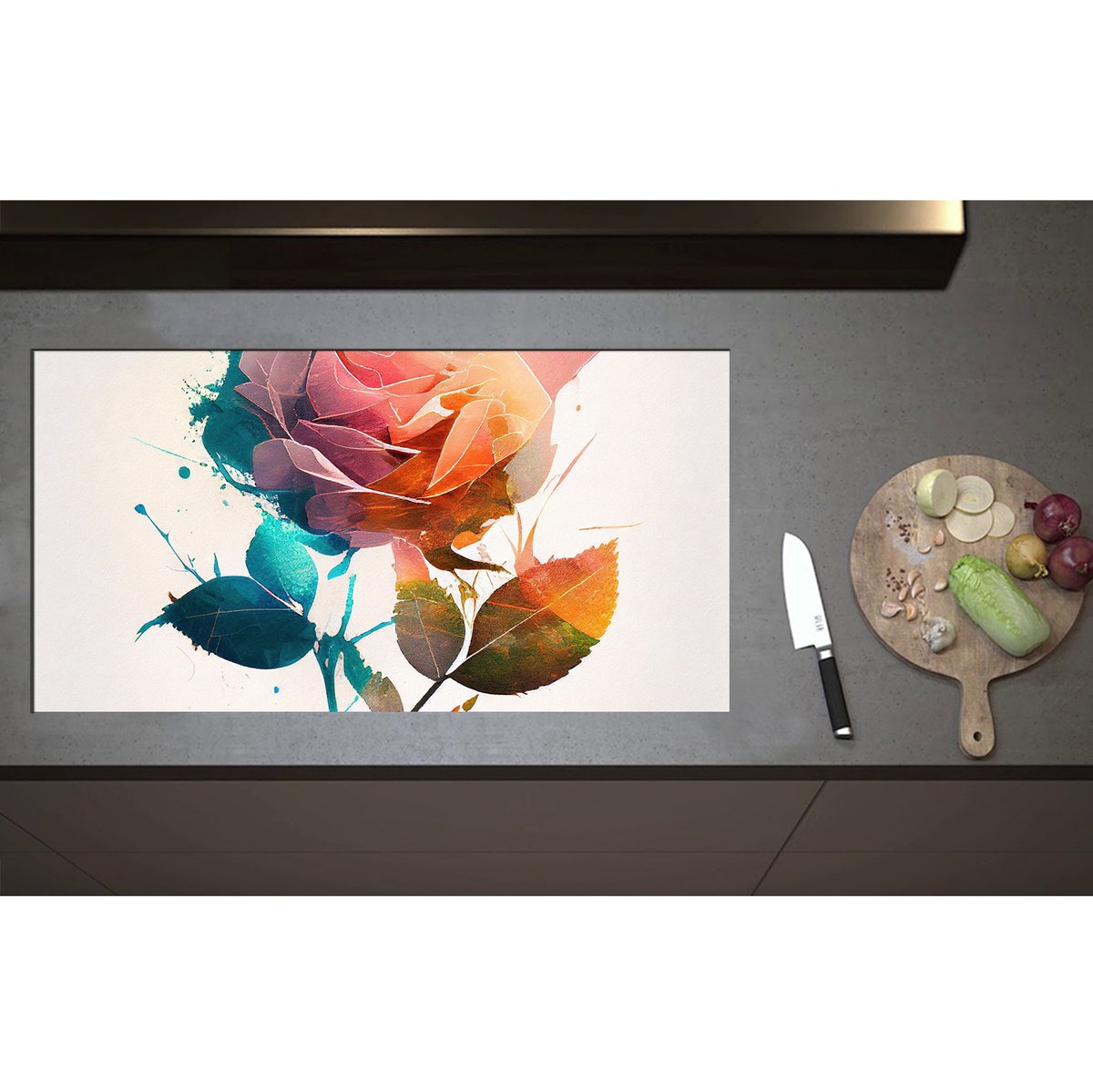 Inductieplaat Beschermer - Abstracte Roos van Verschillende Kleuren op Witte Achtergrond - 95x50 cm - 2 mm Dik - Inductie Beschermer - Bescherming Inductiekookplaat - Kookplaat Beschermer van Wit Vinyl
