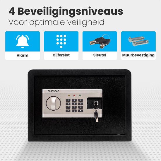 Zwarte kluis met een digitaal codeslot en een ingevoerde sleutel. Iconen voor alarm, cijferslot, sleutel en muurbevestiging.
