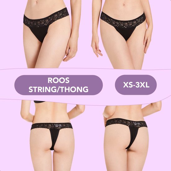 Femme portant un string noir avec bordure en dentelle. Montré de face et de dos. Tailles XS-3XL.