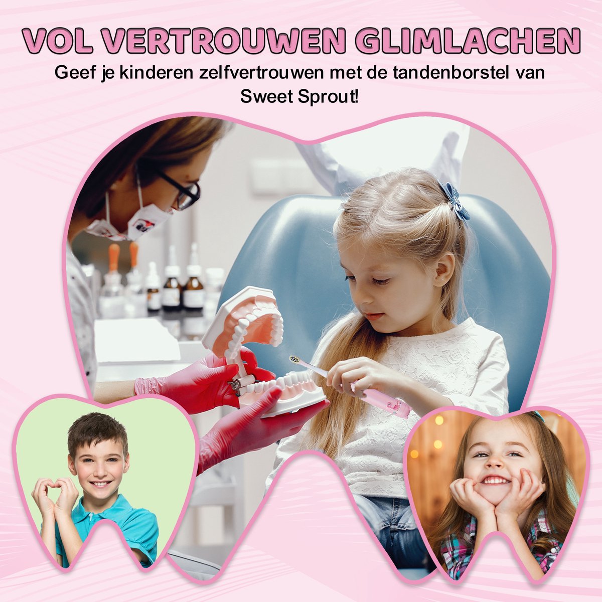 Afbeelding 2 van Sweet Sprout Sonische Elektrische Tandenborstel Kinderen - Baby en Peuter - Inclusief 3 opzetstukken en timer - 0 t/m 4 jaar - Roze
