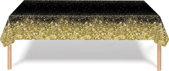 Zwart tafelkleed met een goudkleurige glitterrand, op een witte achtergrond.