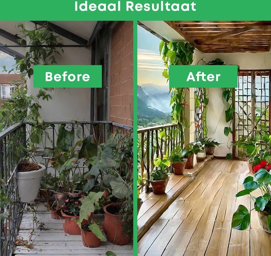 Comparaison d'un balcon avec des plantes avant et après l'utilisation de clips pour plantes. Texte: "Avant" et "Après".