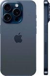 Blauwe iPhone 15 Pro, achterkant met Apple logo en drie camera's, naast zijaanzicht.