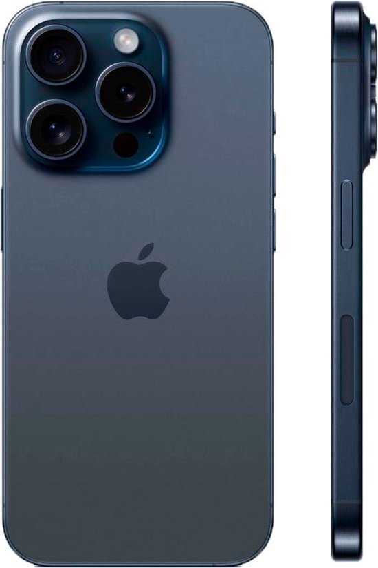 Blauwe iPhone 15 Pro, achterkant met Apple logo en drie camera's, naast zijaanzicht.