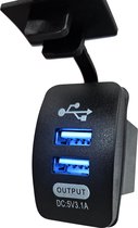 12V USB Autolader 2 Poorten Inbouw - 5V/3.1A - PUSB1-B - USB Stopcontact Auto, Boot en Camper - Blauw